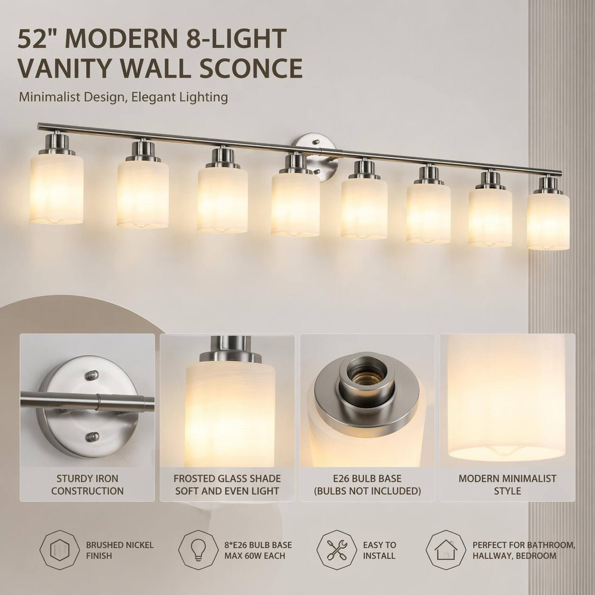 RYHNUYNE Brushed Nickel 8‑Light Bathroom Vanity Light, Modern Wall ...