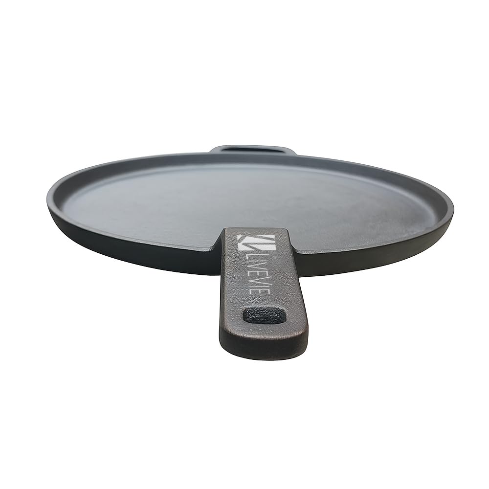 Left. Amber Sporting Goods - 11" Pre-Seasoned Cast Iron Tawa, Heavy-Duty Flat Griddle for Roti, Pancakes, Tortillas & More - Black.