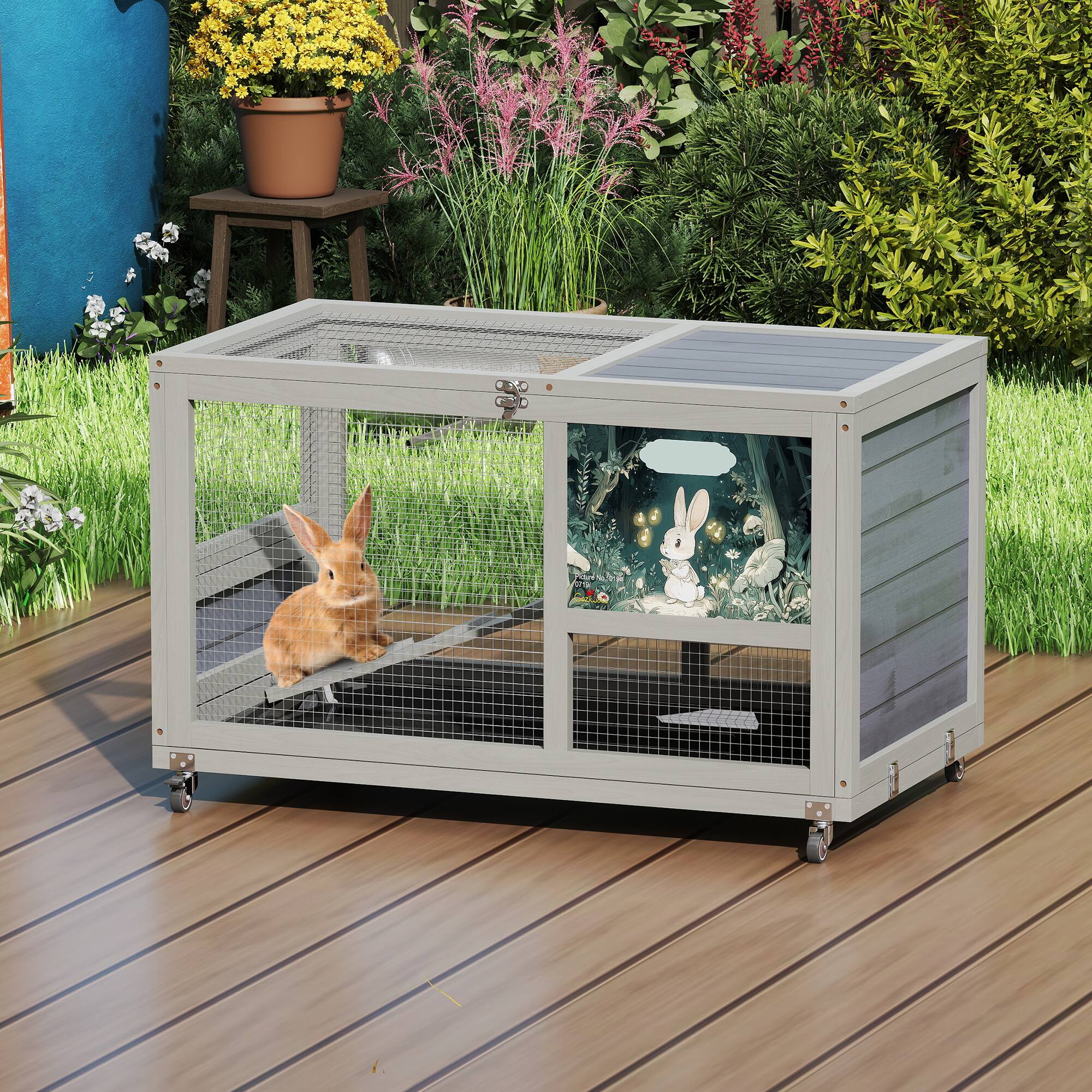 Left. Boyel Living - Gray with Colorful Prints 2Tier Bunny Hutch Wood Rabbit Cage on Wheels with Openable Roof Ramp EasytoClean Tray Guine - Gray.
