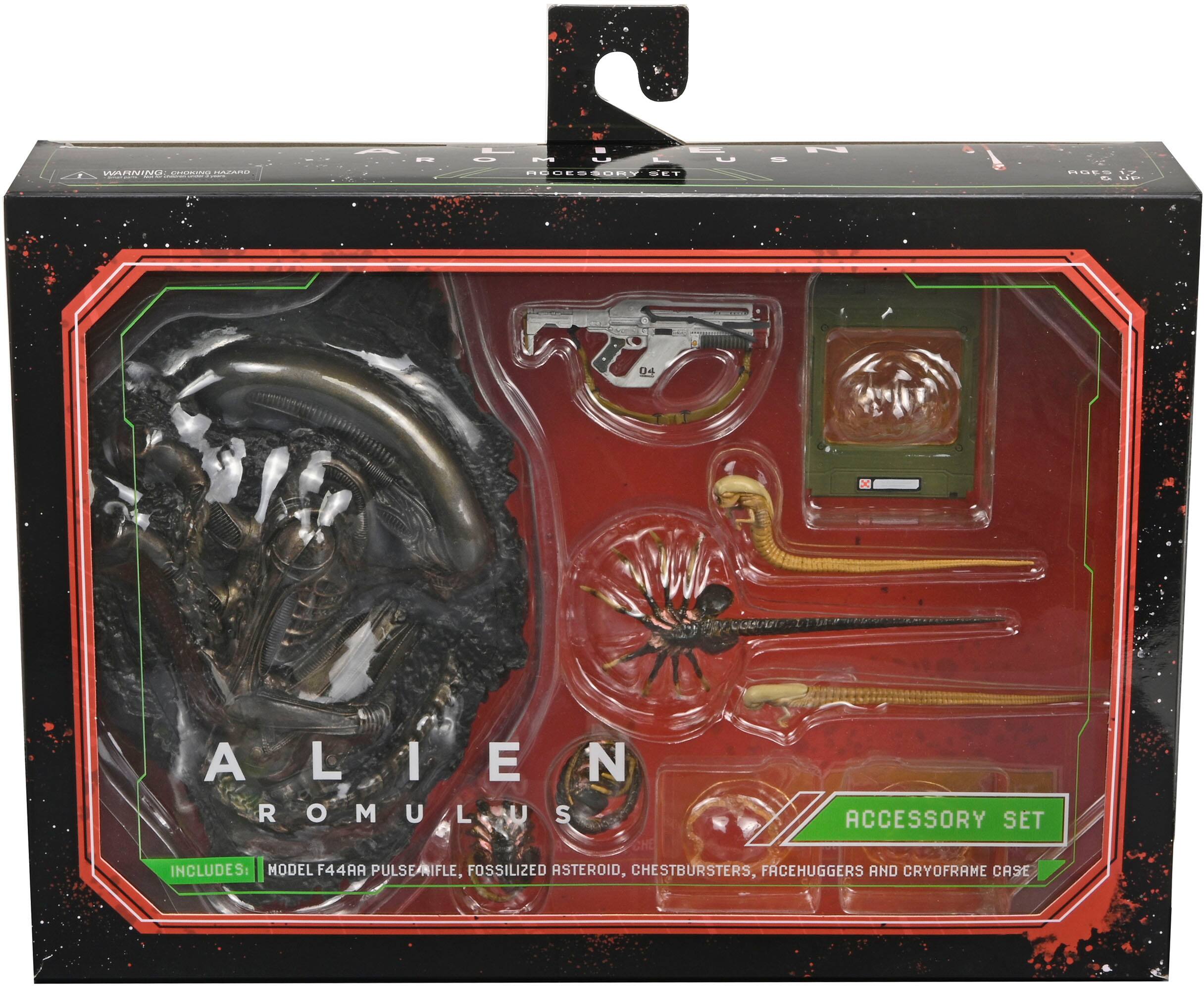 The image features a boxed Alien Romulus set, which includes a model F44AA pulse rifle, a fossilized asteroid, chestbursters, facehuggers, and a cryoframe case. The set is designed to be a collectible or display item for fans of the Alien franchise.