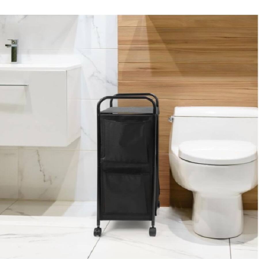 Alt View 3. Oumilen - Rolling Laundry Hamper Cart with Lid – Matte Black Metal Frame & Waterproof Fabric Basket - Black.