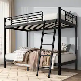 ATOPSUN - Twin Over Twin Metal Bunk Bed w/ Guardrails & Ladder, Space-Saving Frame for Teens Adults, Bedroom Dorm, Twin - Black