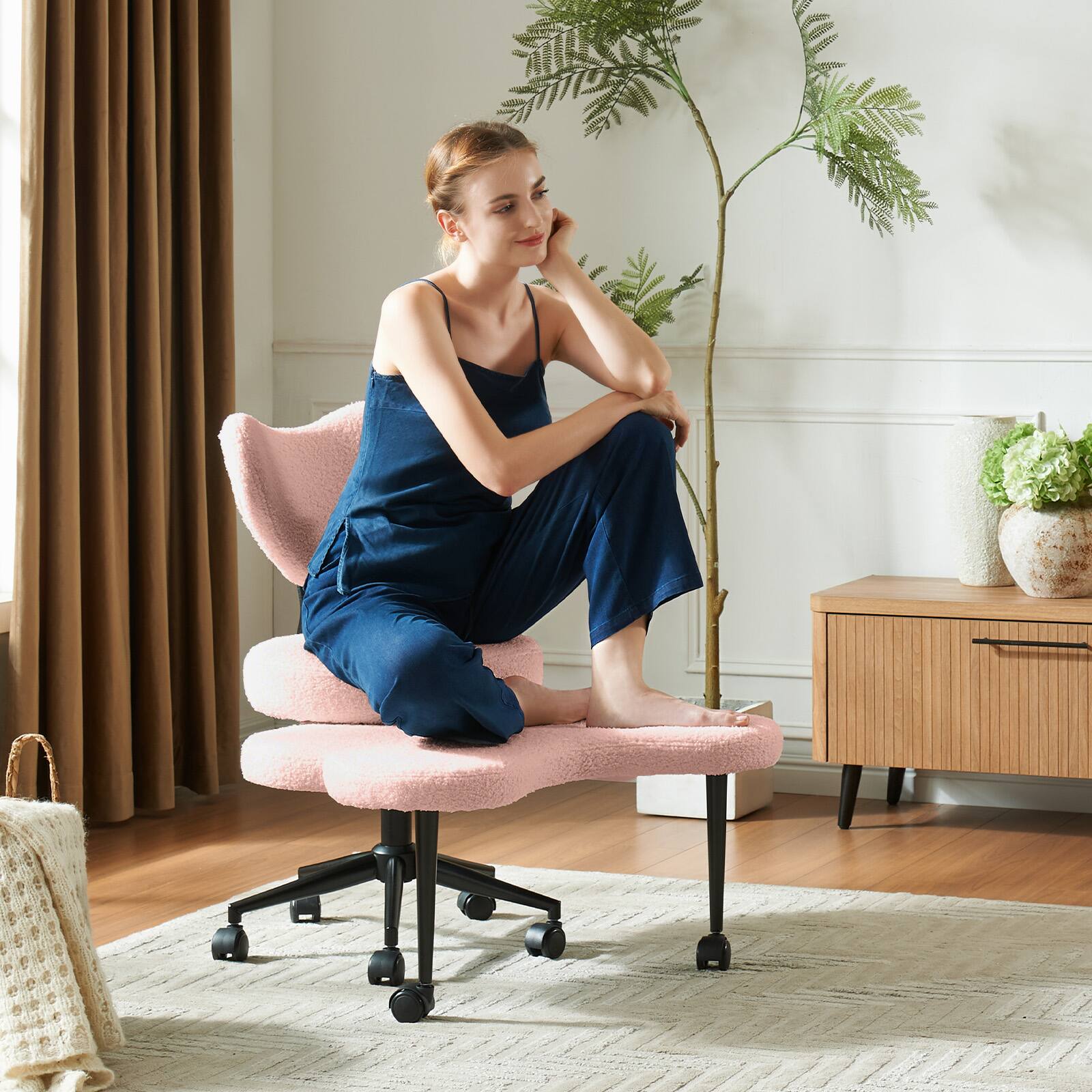 Left. Pinmoco - Pinmoco - Office Chair Ergonomic Cross-Legged Desk Chair with Height Adjustable Wheels Meditation Chair - Pink.