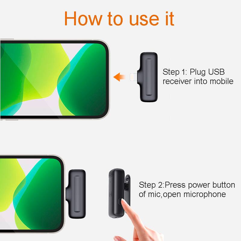 How to use it

Step 1: Plug USB receiver into mobile

Step 2: Press power button of mic, open microphone