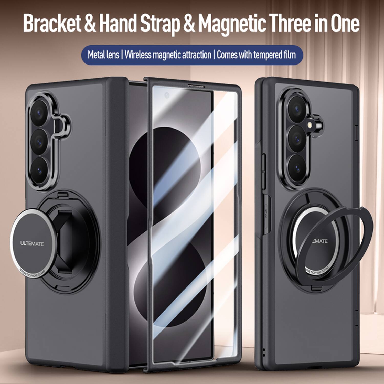 Bracket & Hand Strap & Magnetic Three in One Metal lens | Wireless magnetic attraction | Comes with tempered film