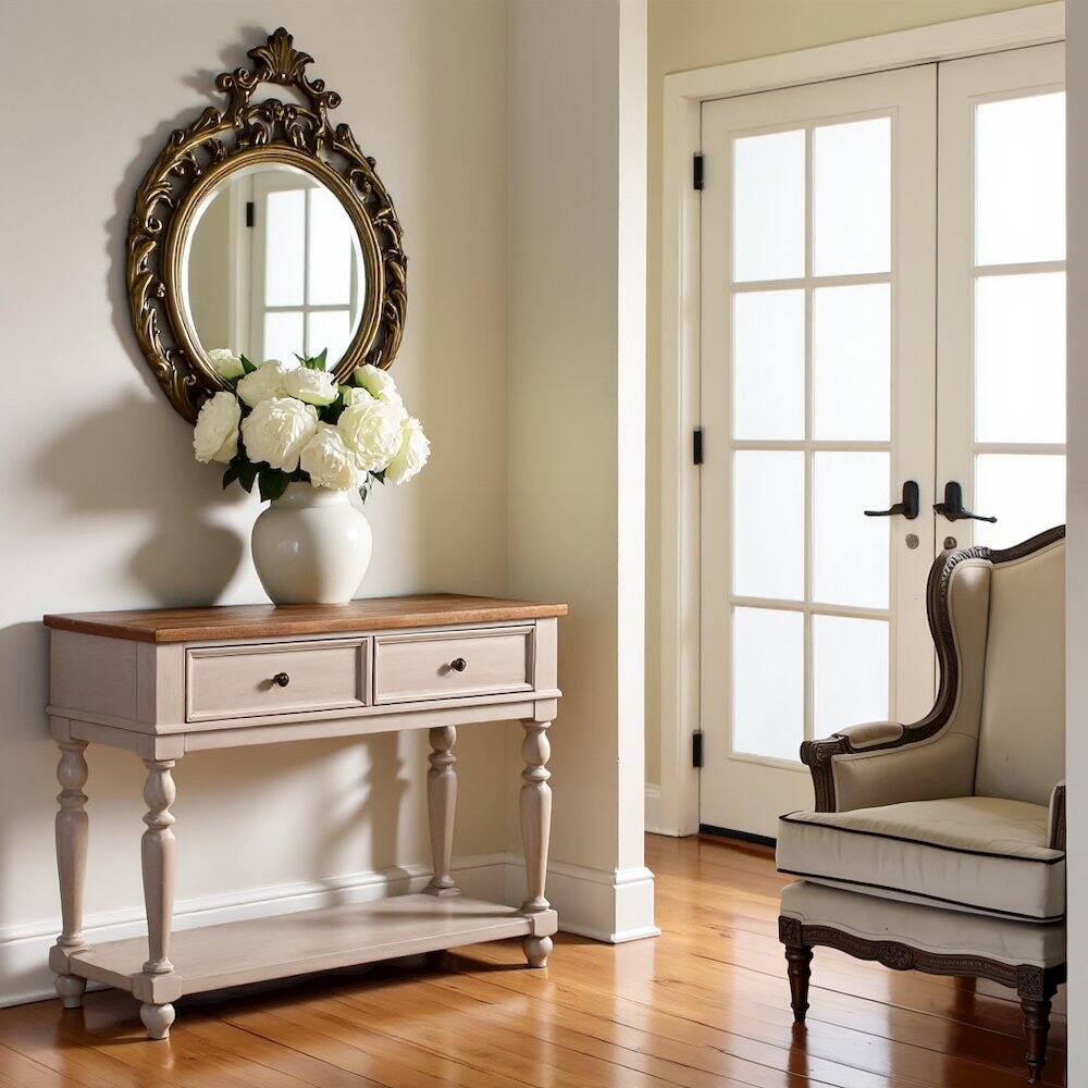 Angle. FurniFact - White Rustic Sideboard Solid Wood Vintage Console Table With Drawers - White.