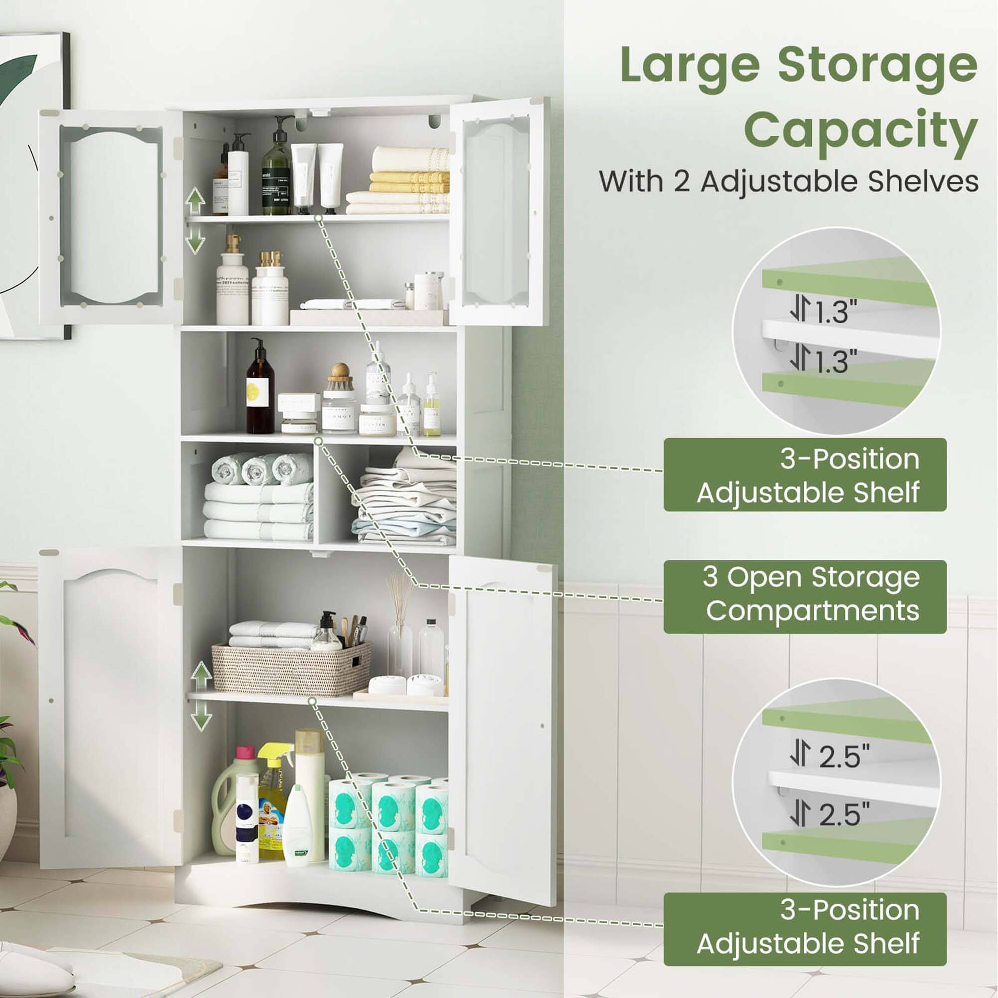 Large Storage Capacity With 2 Adjustable Shelves
3-Position Adjustable Shelf
3 Open Storage Compartments
3-Position Adjustable Shelf
1.3"
2.5"