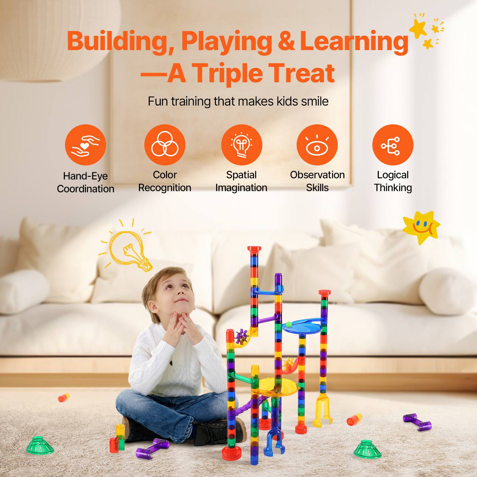 Building, Playing & Learning  
—A Triple Treat  

Fun training that makes kids smile  

- Hand-Eye Coordination  
- Color Recognition  
- Spatial Imagination  
- Observation Skills  
- Logical Thinking