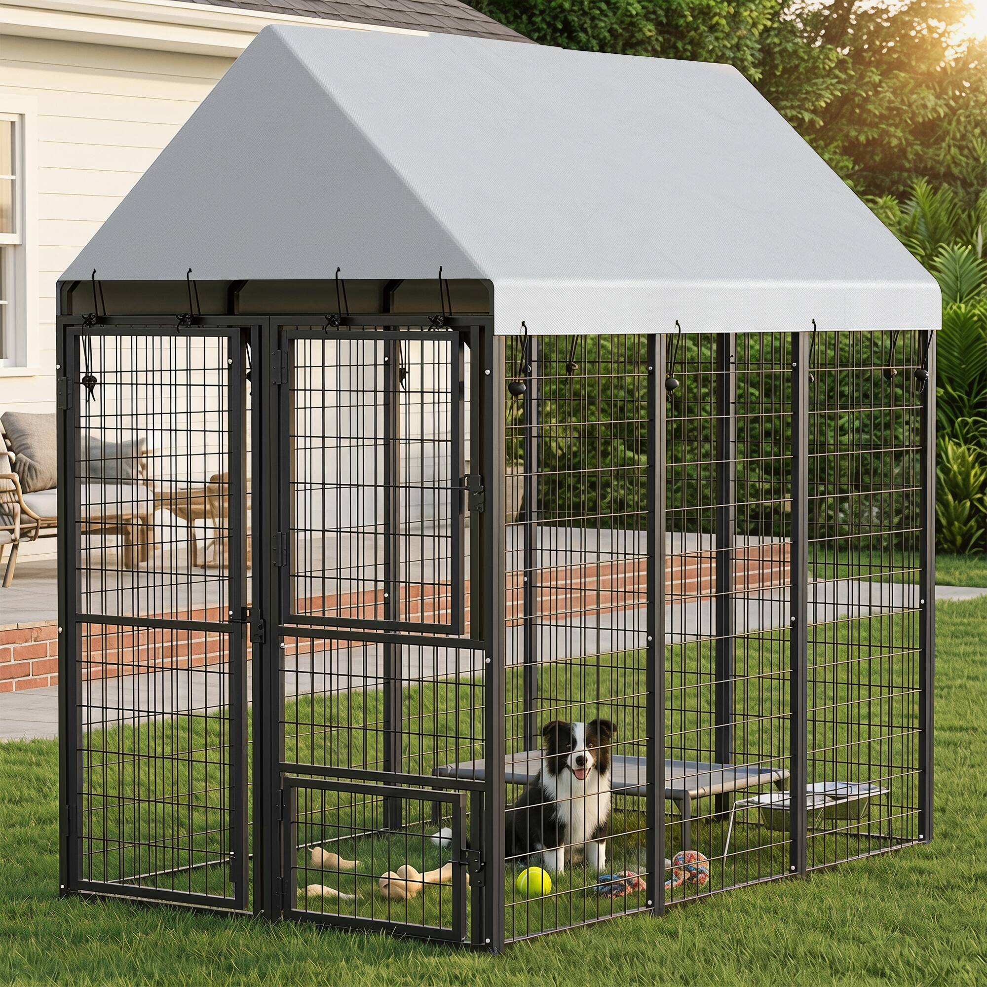 Alt View 1. Pawhut - Dog Kennel Outdoor with Roof, 3 Doors, Expandable Heavy Duty Dog Kennel Dog Run for All Breed Sizes - Black.