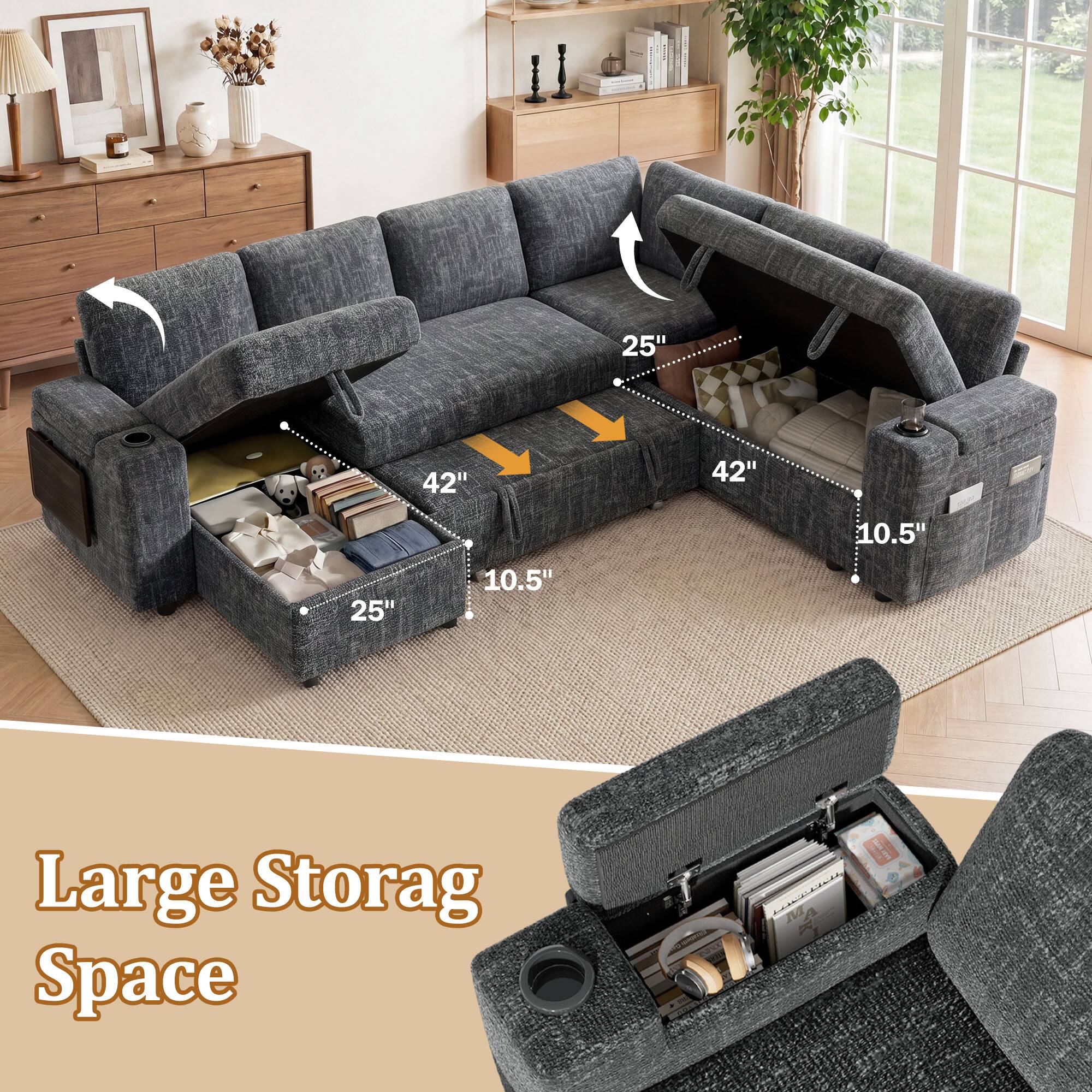 25"  
42"  
42"  
10.5"  
25"  
10.5"  

Large Storage Space