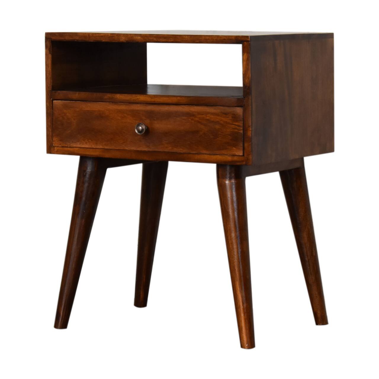 Left. Artisan Furniture - Artisan Furniture Solid Wood Modern Chestnut Nightstand, 1 Drawer, 1 Open-slot, Nordic legs, Dark Brown - Chestnut.
