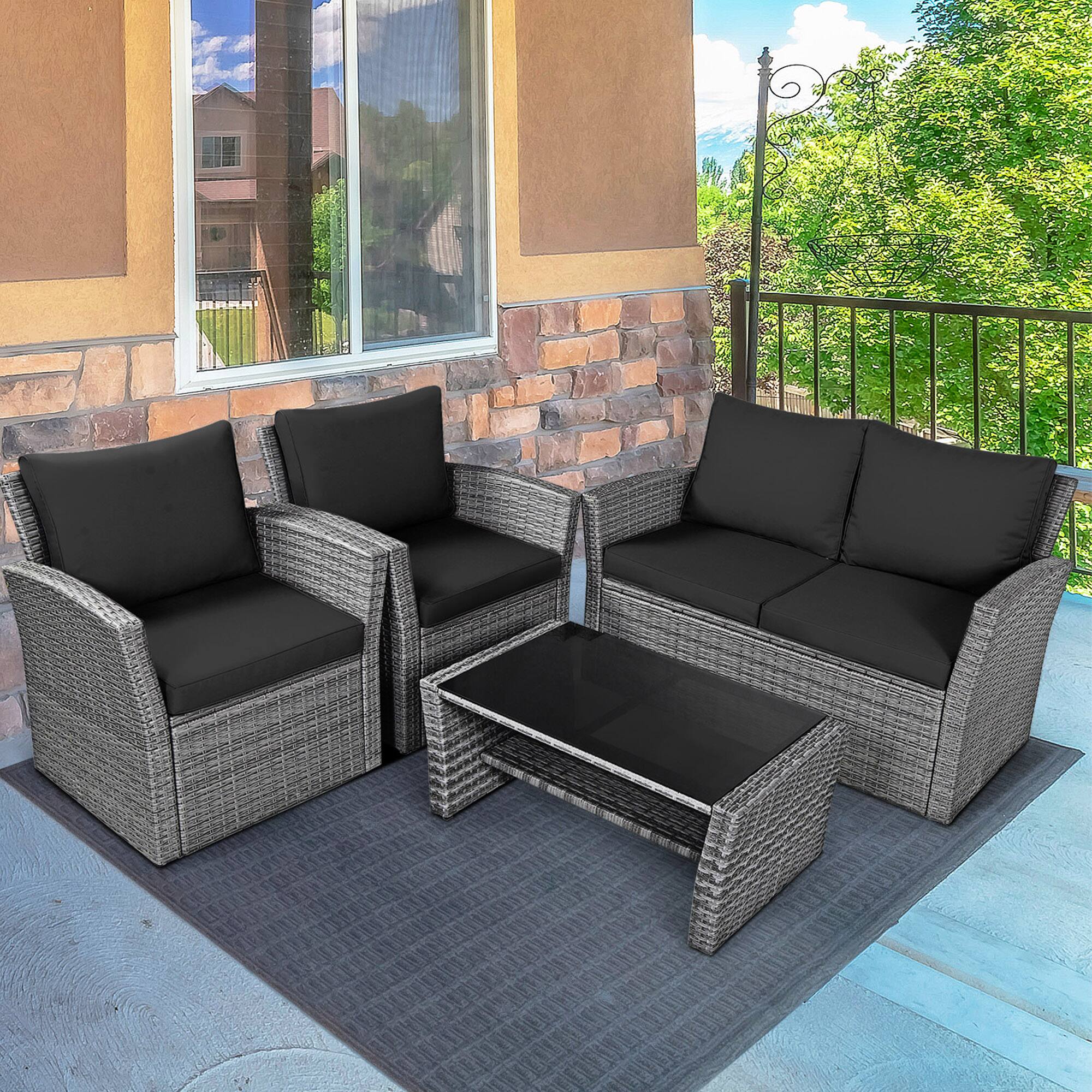 Alt View 3. Gymax - Gymax 4PCS Patio Rattan Conversation Set Outdoor Furniture Set w/ Black Cushions - Black.