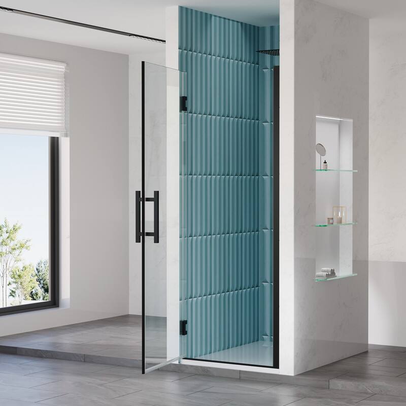 Left. WELLFOR - 28–29 in. W x 72 in. H Frameless Hinged Shower Door with 3/8" Clear Tempered Glass, Reversible Opening - Matte Black.