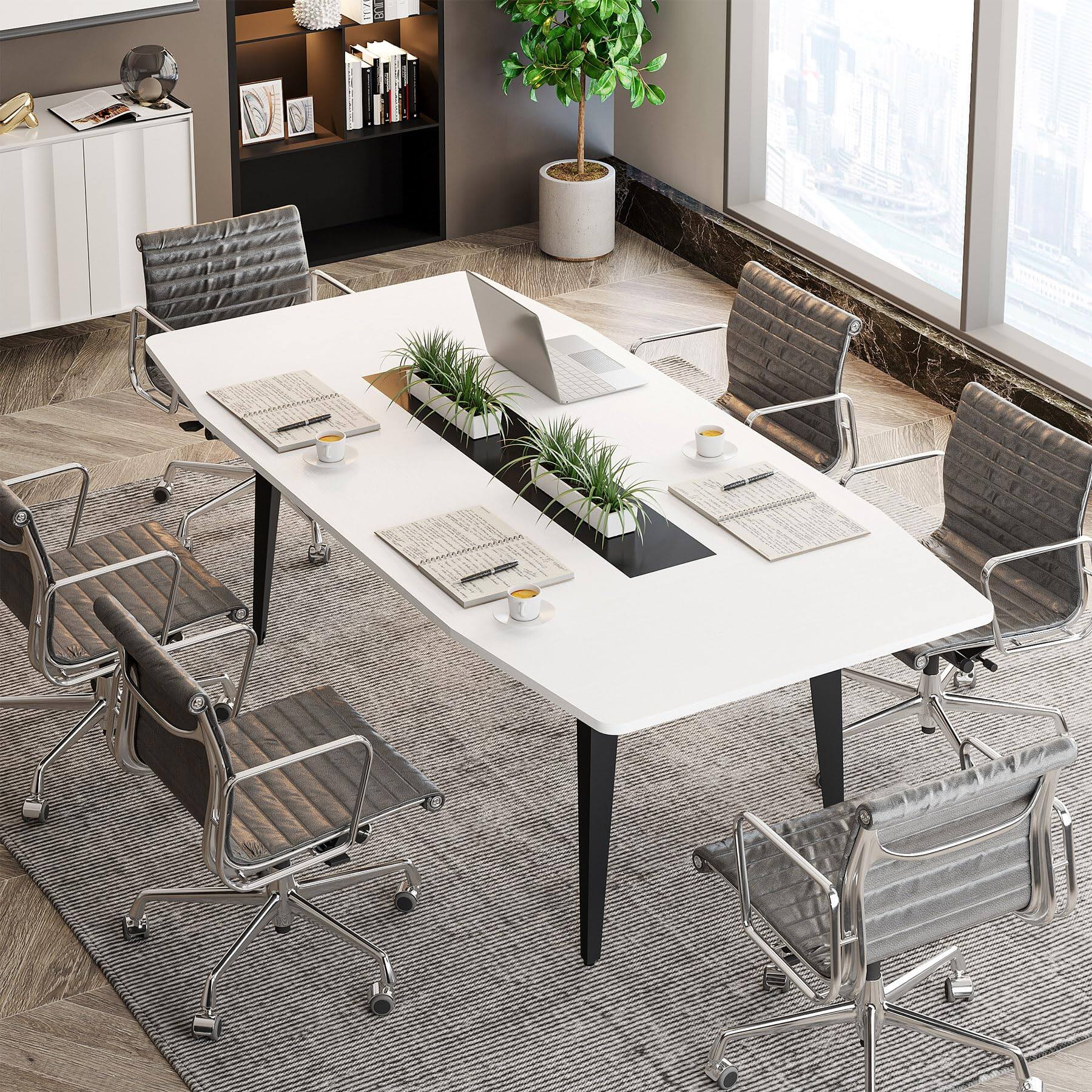 Alt View 1. Tribesigns - 70” Executive Desk, Modern Office Computer Desk with Sturdy Metal Legs, Large Boat Shaped Study Writing Desk Workstation - White & Black.