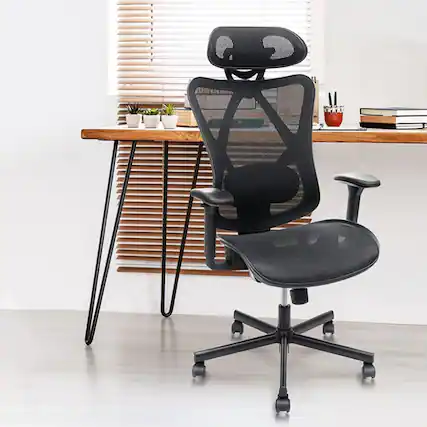 Front. HTUTWOO - Mesh Office Chair,Ergonomic Office Chairs with Wheels,Adjustable Lumbar Support,Armrest,Headrest,for Office,Home,Gaming - Black.