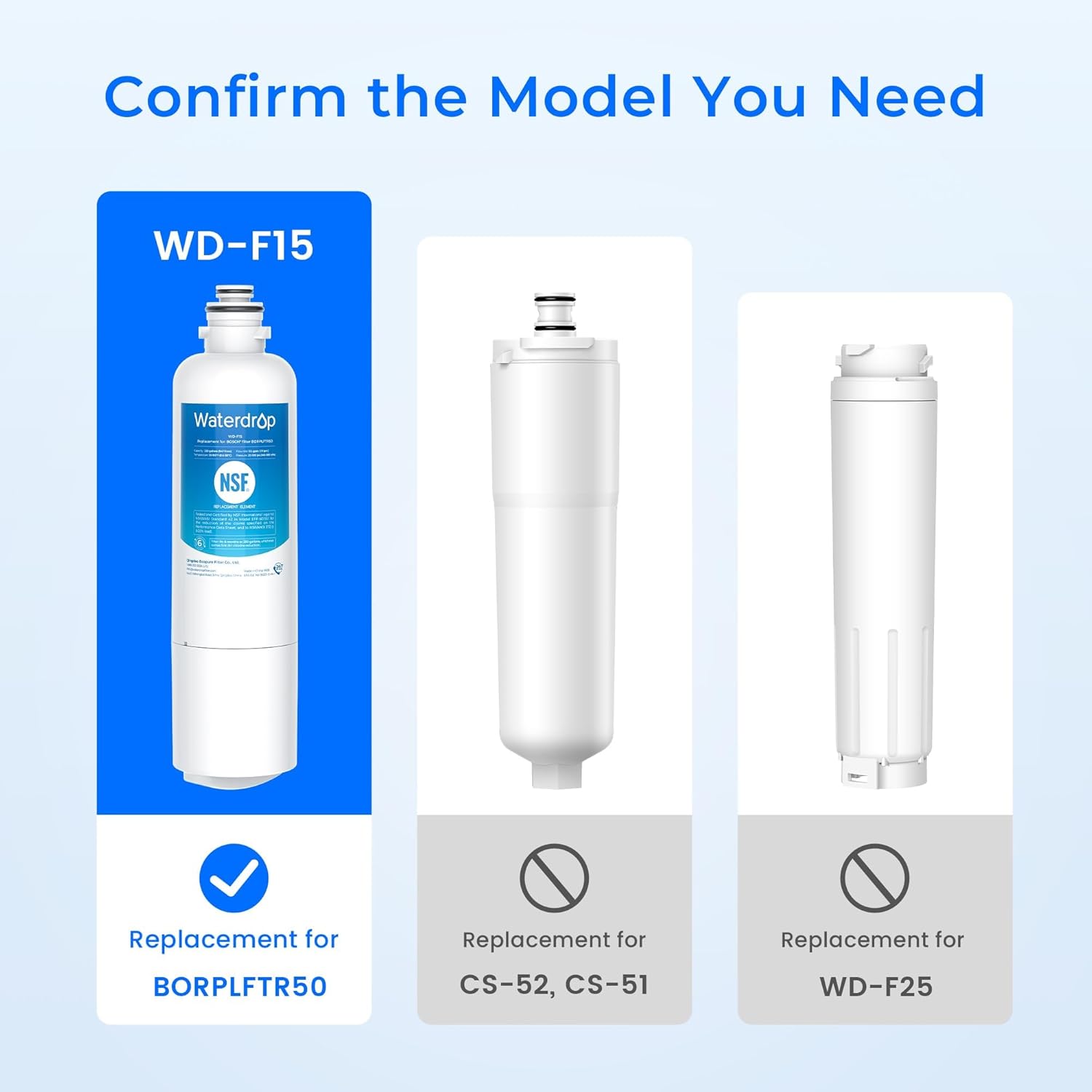 Confirm the Model You Need:

- WD-F15 Waterdrop NSF Replacement for BORPLFTR50
- Replacement for CS-52, CS-51
- Replacement for WD-F25