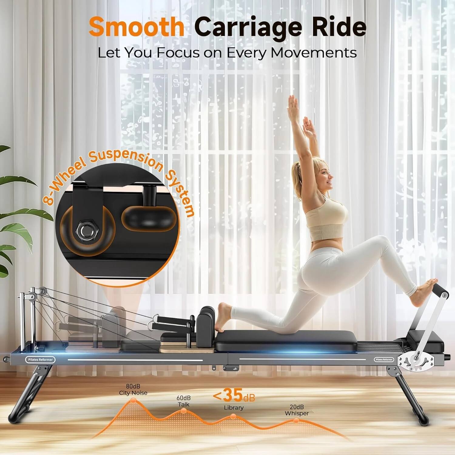 Smooth Carriage Ride  
Let You Focus on Every Movements  

8-Wheel Suspension System  

City Noise: 80dB  
Talk: 60dB  
Library: 35dB  
Whisper: 20dB