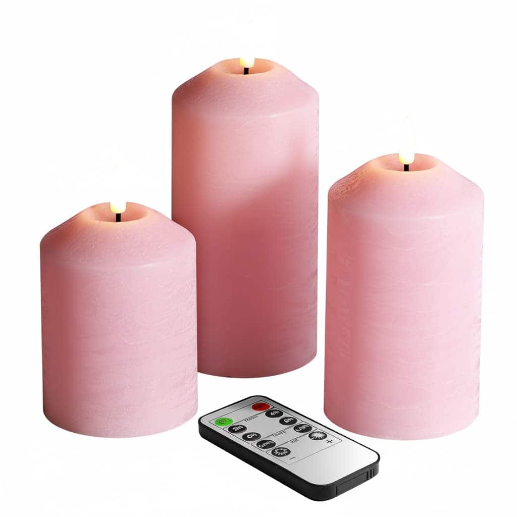 FINEAK - 3 Pack Pink Flameless Pillar Candles with Remote: Real Wax, Flickering, Battery-Operated LED Candles - ‎Pink