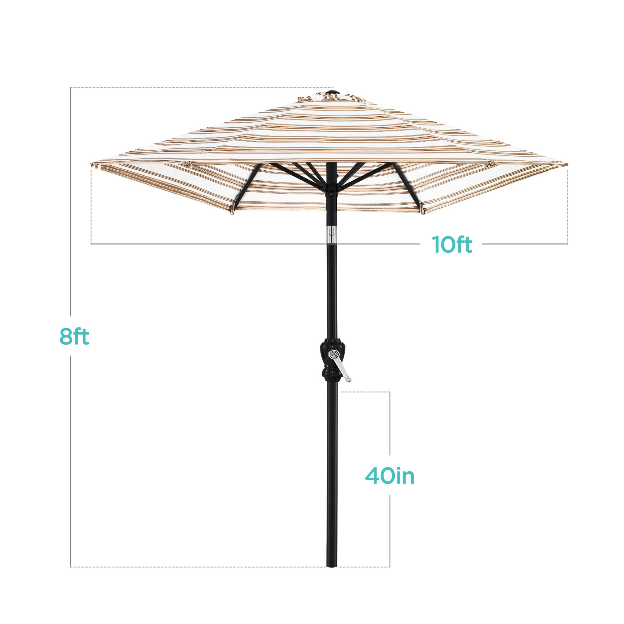 The dimensions of the umbrella are:

- Diameter: 10 feet
- Height: 8 feet
- Shaft Diameter: 40 inches