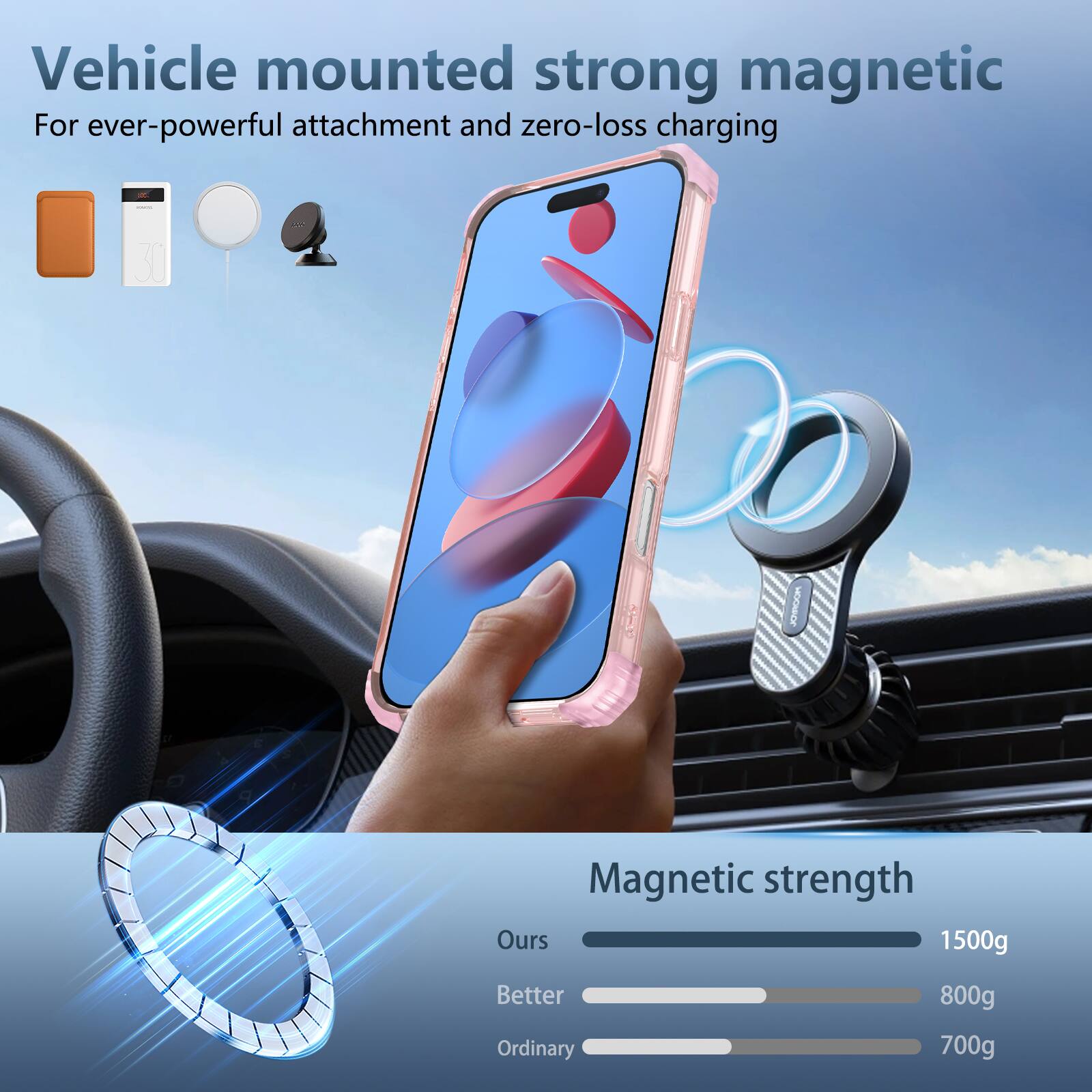 Vehicle mounted strong magnetic  
For ever-powerful attachment and zero-loss charging  

Magnetic strength  
Ours: 1500g  
Better: 800g  
Ordinary: 700g