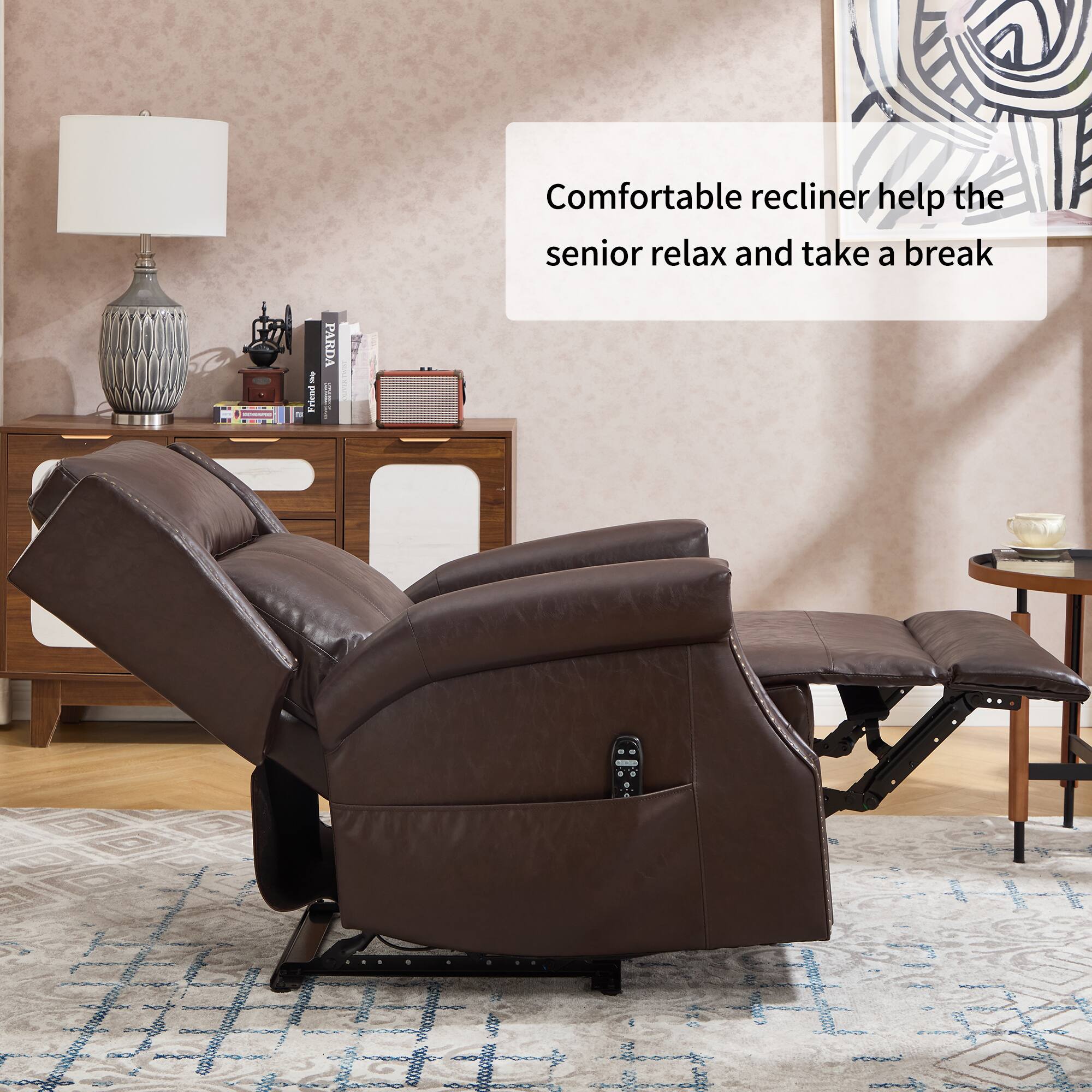 Comfortable recliner helps the senior relax and take a break.