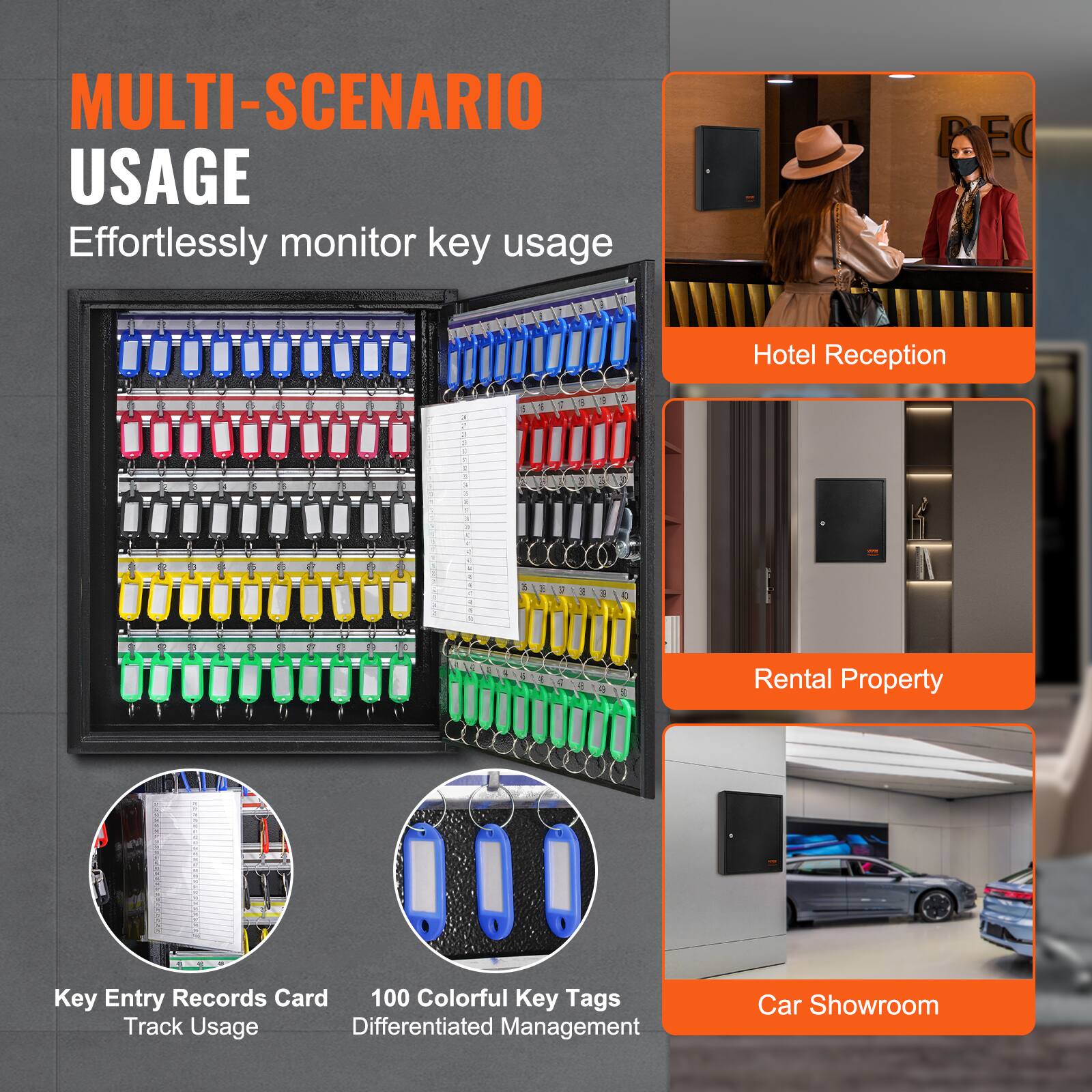 **MULTI-SCENARIO USAGE**

Effortlessly monitor key usage

- Hotel Reception
- Rental Property
- Car Showroom

Key Entry Records Card  
Track Usage

100 Colorful Key Tags  
Differentiated Management