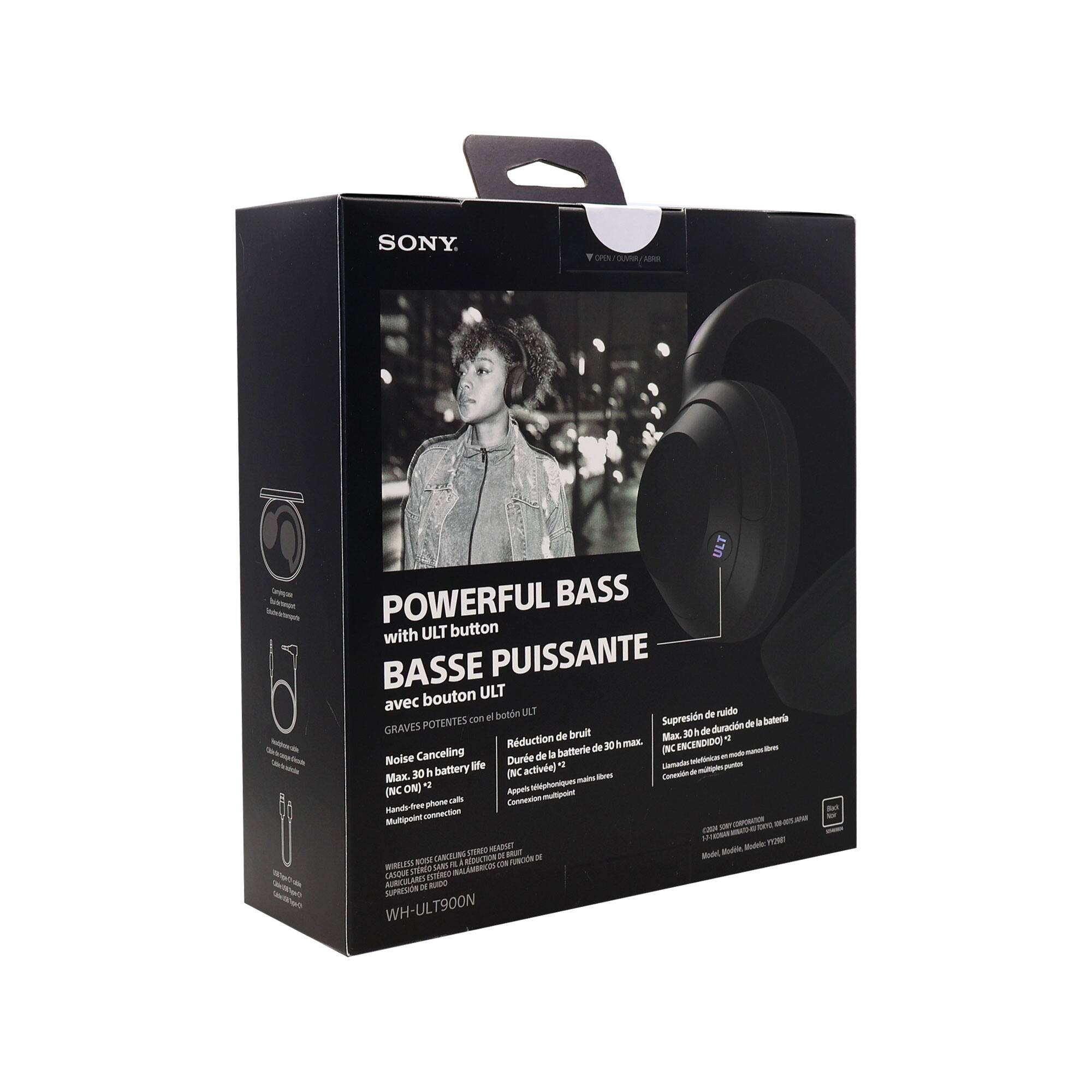 Sure, here is the corrected and grouped text from the image:

---

**SONY**

**POWERFUL BASS with ULT button**

**BASSE PUISSANTE avec bouton ULT**

**GRAVES POTENTES con el botón ULT**

**Reduction de bruit**

**Durée de batterie max. 30 h**

**Supresidn de ruido**

**POTENTES de a GRAMES bruit**

**Reduction de la batterie max. 30 h**

**ENCENDIDO - Canceling a batterie**

**Noise Cancelling (NC) on**

**Max. 30 h battery life**

**Appareil sans fil**

**Hands-free calls**

**Multipoint connection**

**WH-ULT900N**

**Wireless headphones with EXTRA BASS**

**Cargador / Alimentation / Power**

**Cargador / Alimentación / Power**

**Cargador / Alimentazione / Power**

**Cargador / Alimentación / Power**

**Cargador / Alimentazione / Power**

**Cargador / Alimentación / Power**

**Cargador / Alimentazione / Power**

**Cargador