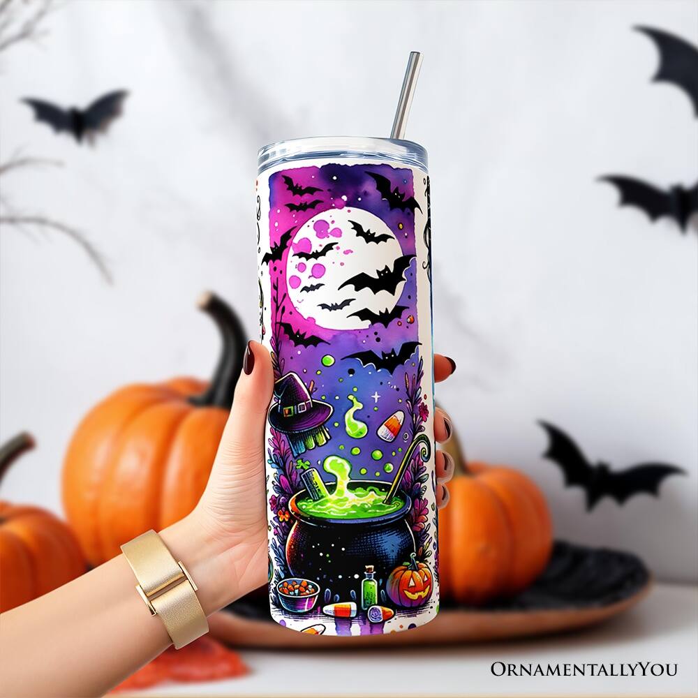 Back. OrnamentallyYou - Neon Halloween Witch Scene 20oz Tumbler With Lid and Stainless Steel Straw, Colorful Spooky Gift Cup - Multicolored.