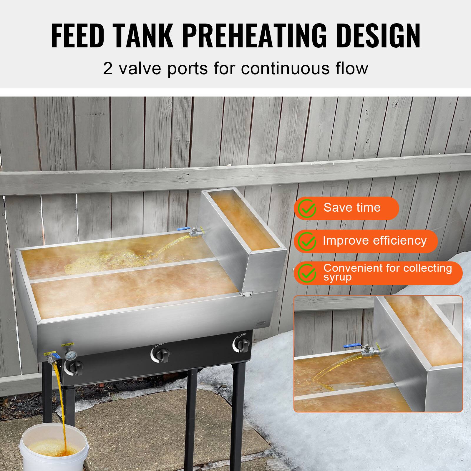 FEED TANK PREHEATING DESIGN  
2 valve ports for continuous flow  

- Save time  
- Improve efficiency  
- Convenient for collecting syrup