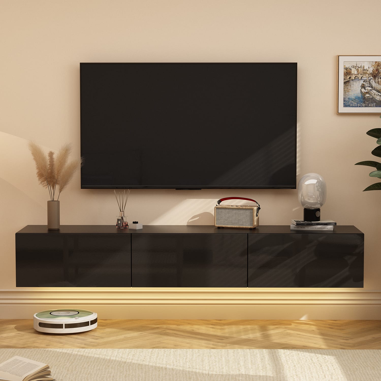 Famapy - Wall - Mounted TV Stand with Hidden Drawers High Gloss Finish TV Console - Black