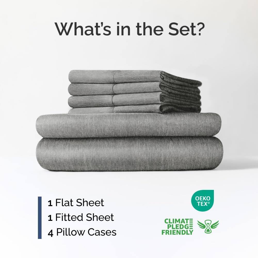 What's in the Set?

1 Flat Sheet  
1 Fitted Sheet  
4 Pillow Cases  

OEKO TEX  
CLIMATE PLEDGE FRIENDLY