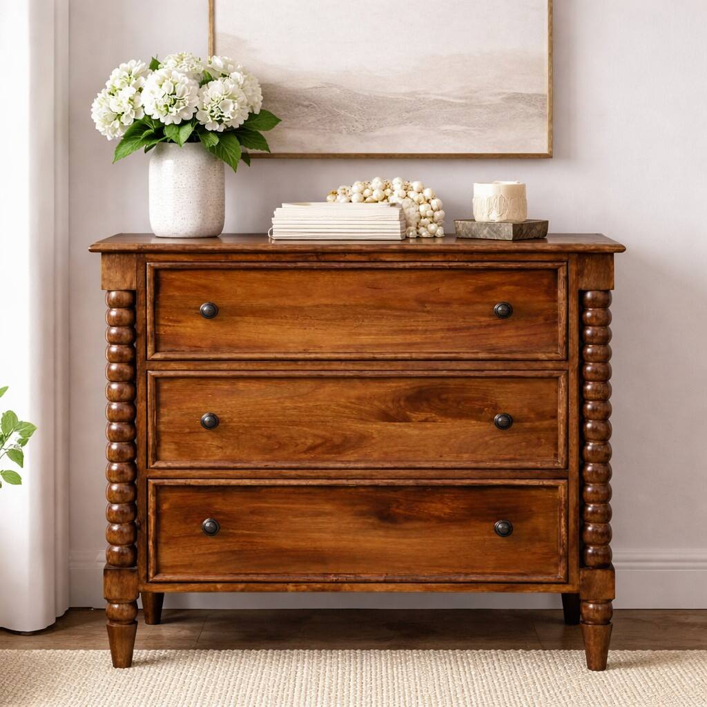 Angle. Artisan Furniture - Artisan Furniture Solid Wood Spindle Three Drawer Chest, Brown - Brown.