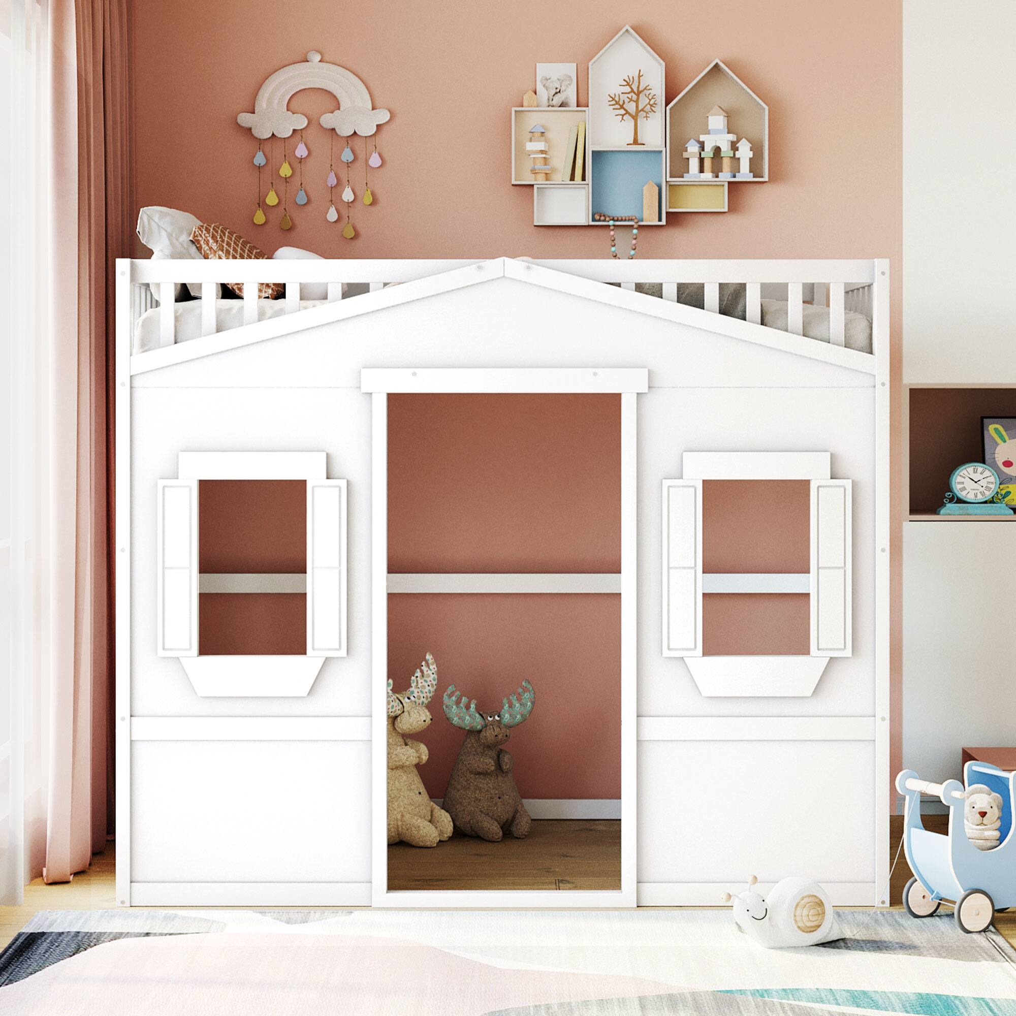 Left. Whisen - Wood Loft Bed with Ladder,Sturdy Elevated Platform Bed Frame for Kids and Teens - White.