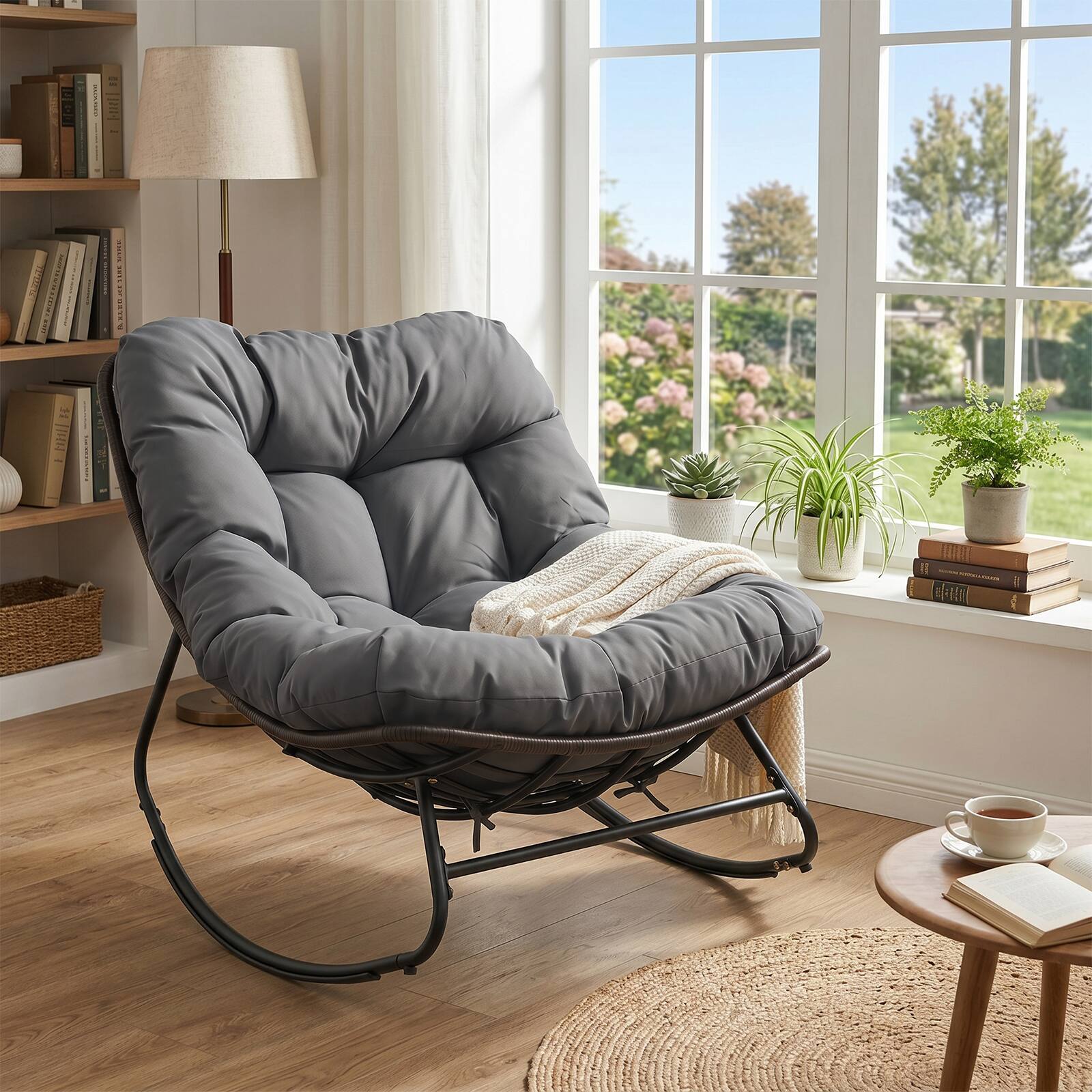 Costway Patio Papasan Rocking Chair,Oversized Egg shaped Rocker