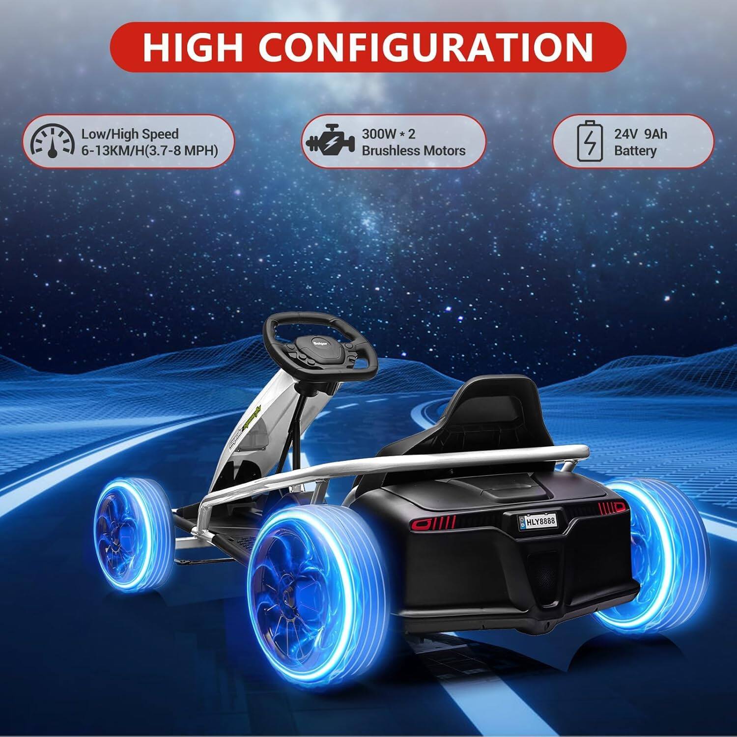 HIGH CONFIGURATION

- Low/High Speed: 6-13KM/H (3.7-8 MPH)
- 300W * 2 Brushless Motors
- 24V 9Ah Battery

HLY8888