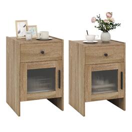 Costway - 2 PCS Farmhouse Nightstand Fluted Bed Side Table with Large Drawer Enclosed Cabinet - Natural
