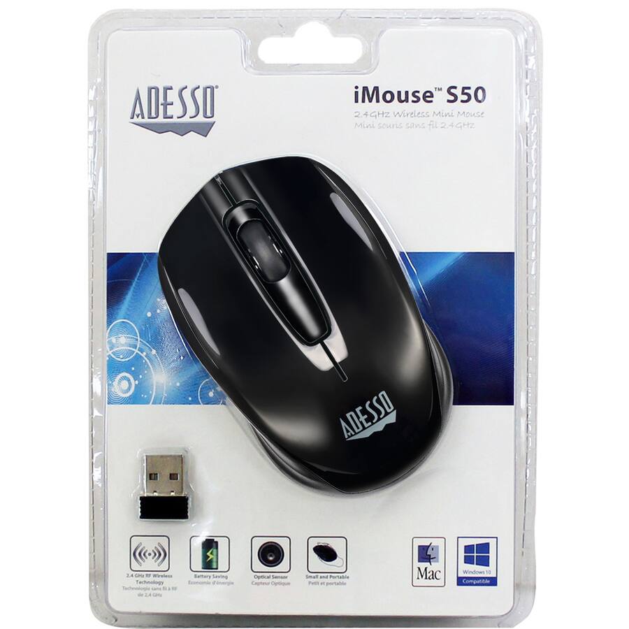 ADESSO  
iMouse™ S50  
2.4GHz Wireless Mini Mouse  
Mini souris sans fil 2.4GHz  

- 2.4GHz RF Wireless Technology  
- Battery Saving Technology  
- Optical Sensor  
- Small and Portable  

Compatible with:  
- Mac  
- Windows 10  

ADESSO