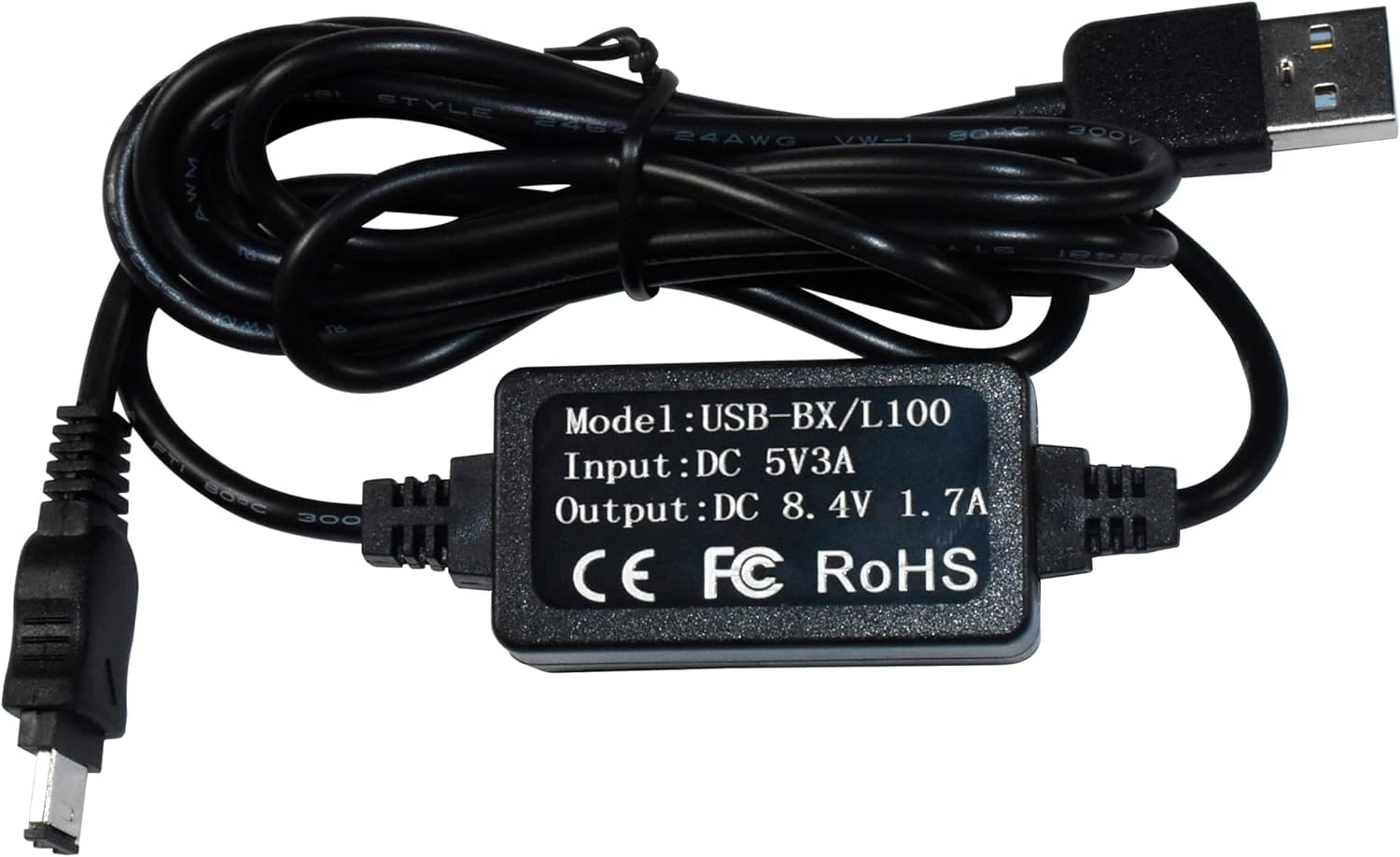 AWM W STYLE 08C 24AWG W-300 Dt n FTI 889C 300

Model: USB-BX/L100

Input: DC 5V3A

Output: DC 8.4V 1.7A

CE FC RoHS