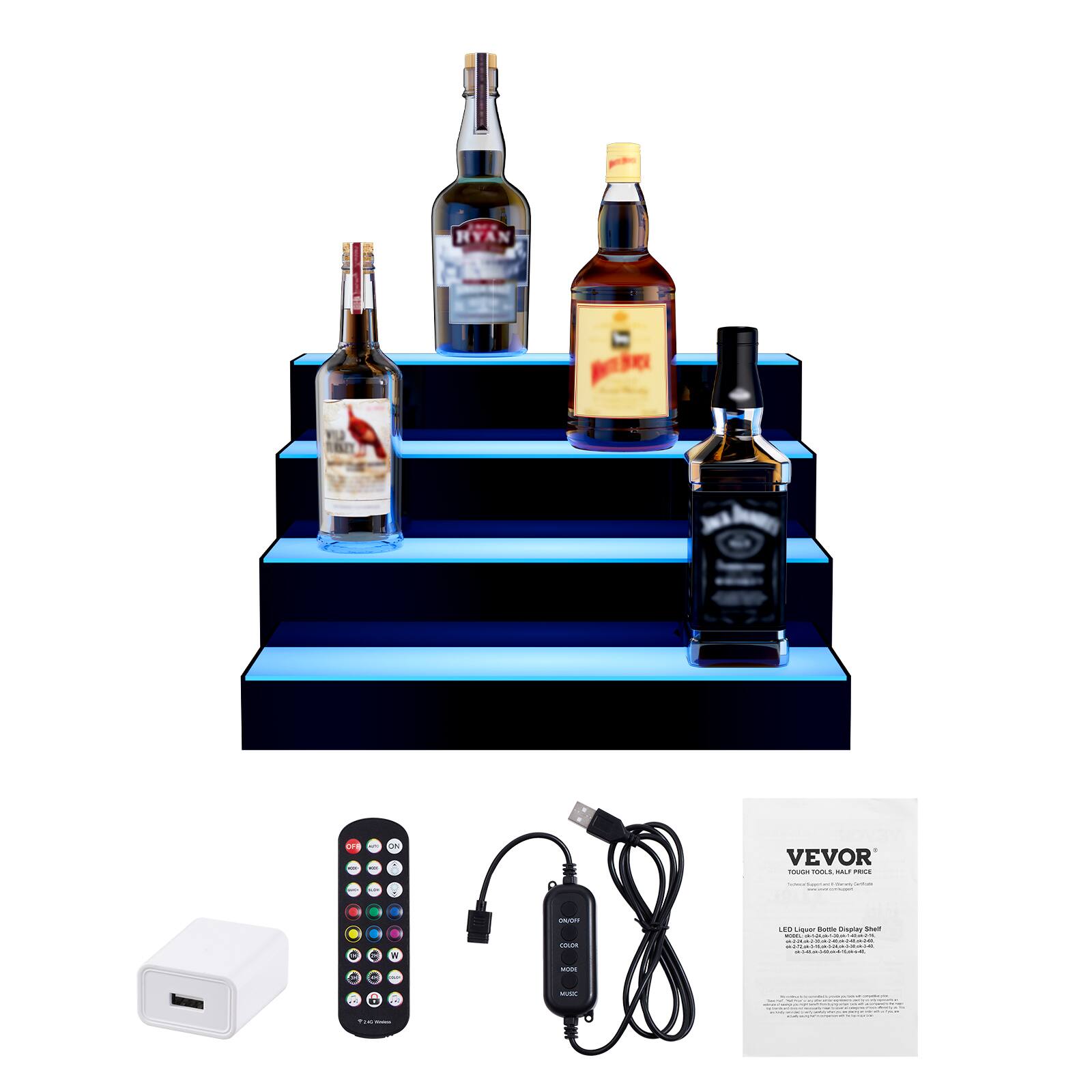 Alt View 5. VEVOR - LED Lighted Liquor Bottle Display, 4 Tiers 16 Inch Commercial Illuminated Home Bar Shelf, 4 Steps Whiskey Rack Stand - White/Black.
