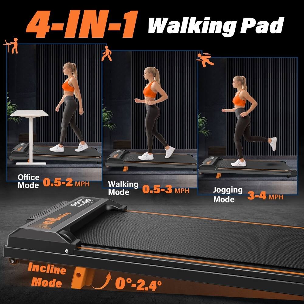 4-IN-1 Walking Pad

Office Mode: 0.5-2 MPH

Walking Mode: 0.5-3 MPH

Jogging Mode: 3-4 MPH

Incline Mode: 0-2.4°
