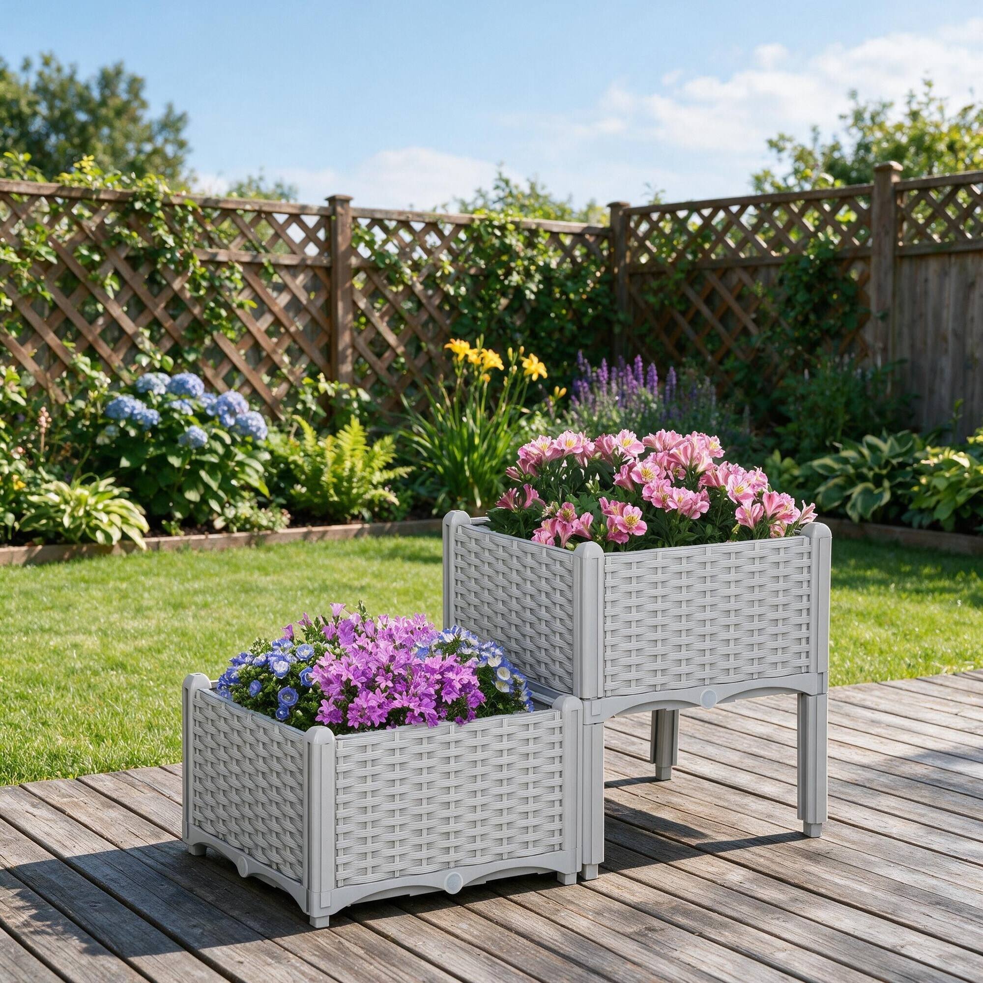 Left. RYHNUYNE - Outsunny Raised Garden Bed with Legs, Self-Watering Planter Box, Polypropylene Rattan, Gray, Modular Set for Patio - Gray.