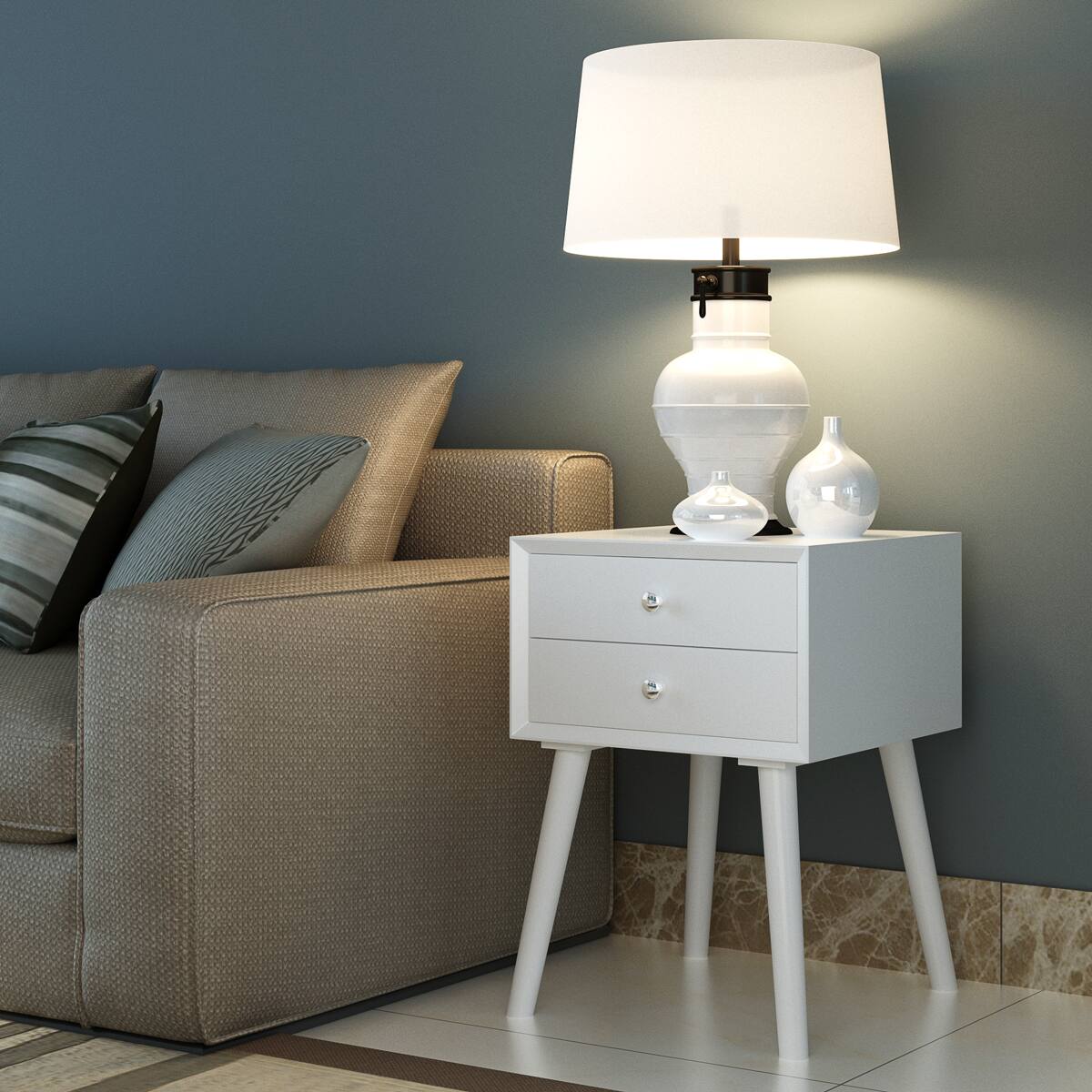 Alt View 3. Costway - End Table with Drawers and Storage Wooden Mid-Century Accent Side Table - White.