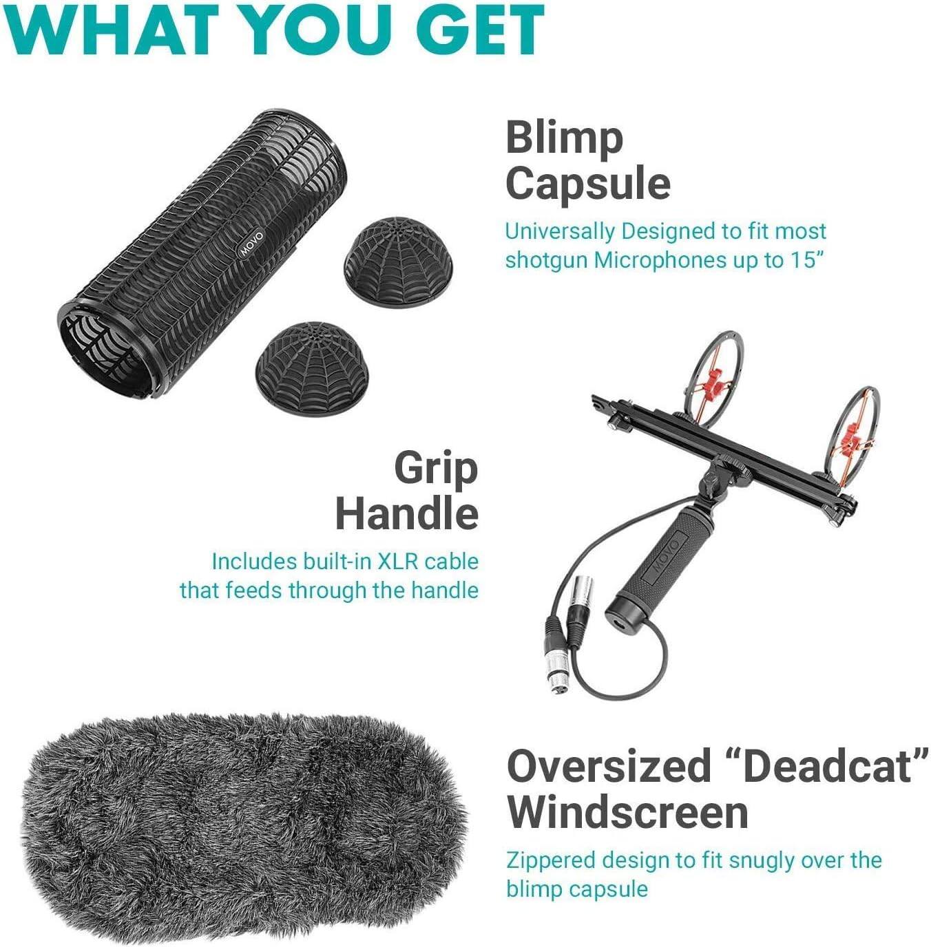 **WHAT YOU GET**

- **Blimp Capsule**
  - Universally Designed to fit most shotgun Microphones up to 15"

- **Grip Handle**
  - Includes built-in XLR cable that feeds through the handle

- **Oversized "Deadcat" Windscreen**
  - Zippered design to fit snugly over the blimp capsule