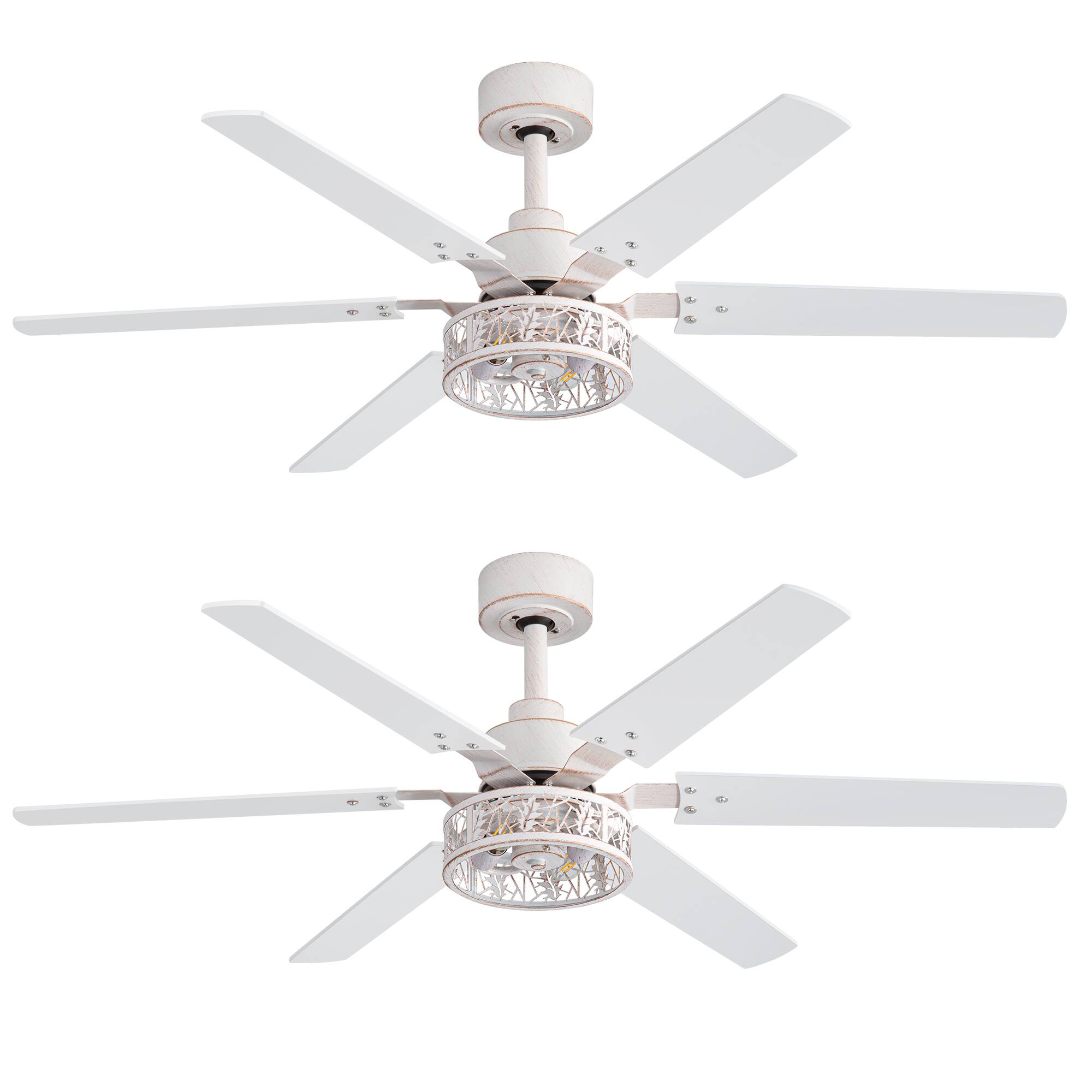 Left. Breezary - 46-In Indoor 2-Pack Ceiling Fan with 6 Plywood Blades, DC Motor, 6-Speed Remote, Timer with Memory Function - Distressed White and Gold.