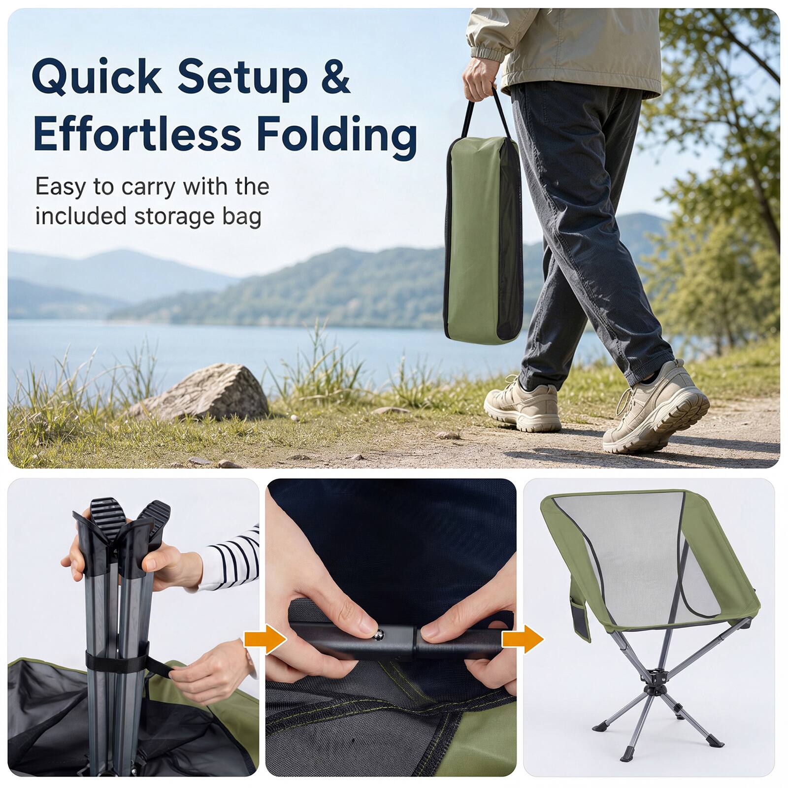 Quick Setup & Effortless Folding  
Easy to carry with the included storage bag