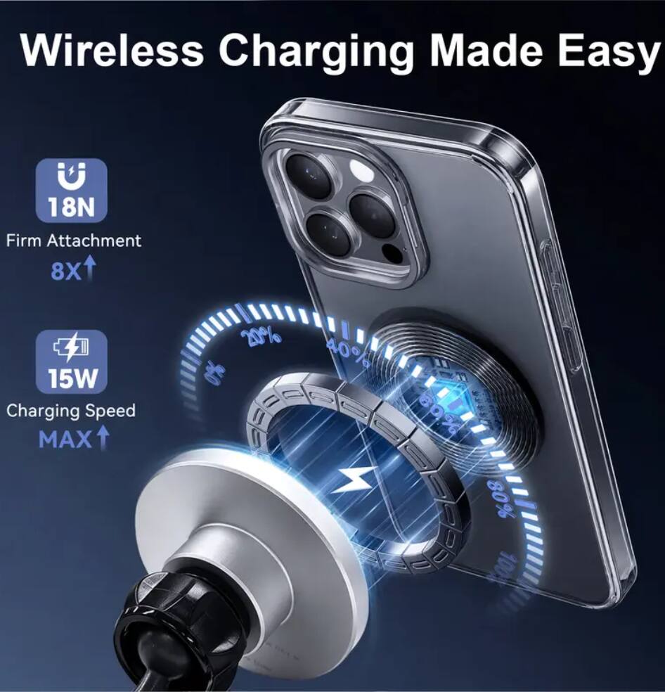 Wireless Charging Made Easy

18N Firm Attachment 8X

15W Charging Speed MAX

20% 40% 60% 80% 100%