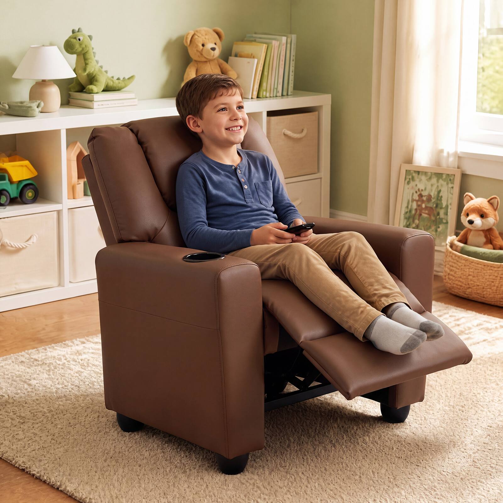 Alt View 4. Costway - Costway Kids Recliner with Cup Holder Adjustable Backrest & Footrest for Boys & Girls - Coffee.