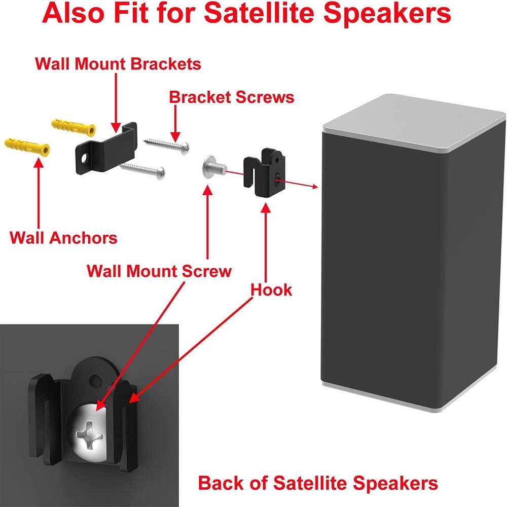 Also Fit for Satellite Speakers

- Wall Mount Brackets
- Bracket Screws
- Wall Anchors
- Wall Mount Screw
- Hook
- Back of Satellite Speakers