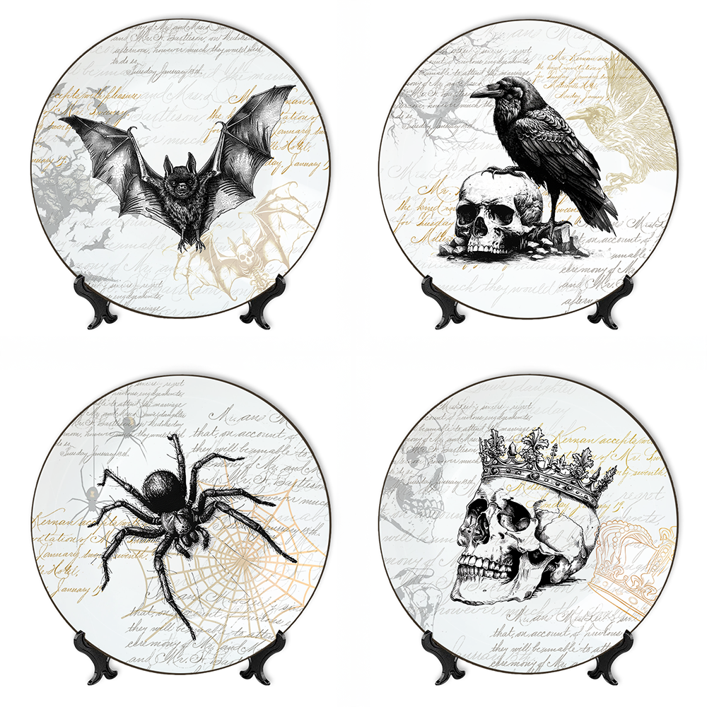 OrnamentallyYou - Gothic Elegance Set of 4 Plates with Real Gold Trim, Halloween Tableware Collection for Salad, Dessert, and Side Plates - Black and White price history on PriceWatchPro