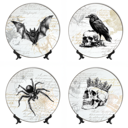 OrnamentallyYou - Gothic Elegance Set of 4 Plates with Real Gold Trim, Halloween Tableware Collection for Salad, Dessert, and Side Plates - Black and White